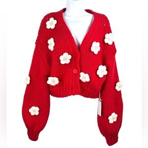 Luna Ivy Mini Red Chunky Floral Daisy Cardigan | Anthropologie